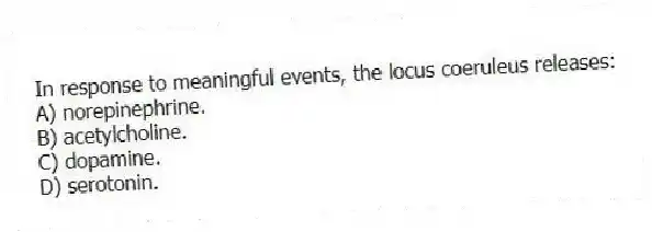 In response to meaningful events, the locus coeruleus releases:
A) norepinephrine.
B) acetylcholine.
C) dopamine.
D) serotonin.