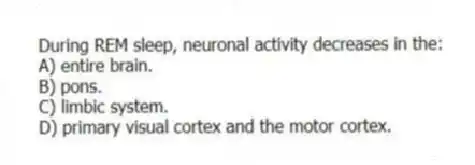 During REM sleep, neuronal activity decreases in the:
A) entire brain.
B) pons.
C) limbic system.
D) primary visual cortex and the motor cortex.
