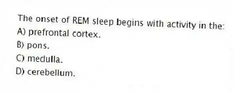 The onset of REM sleep begins with activity in the:
A) prefrontal cortex.
B) pons.
C) medulla.
D) cerebellum.