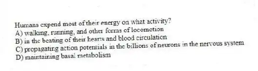 Humans expend most of their energy on what activity?
A) walking, running, and other forms of locomotion
B) in the beating of their hearts and blood circulation
C) propagating action potentials in the billions of neurons in the nervous system
D) maintaining basal metabolism
