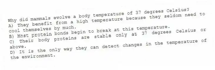 Why did mammals evolve a body temperature of 37 degrees Celsius?
A) They benefit from a high temperature because they seldom need to cool themselves by much.
B) Most protein bonds begin to break at this temperature.
C) Their body proteins are stable only at 37 degrees Celsius or above.
D) It is the only way they can detect changes in the temperature of the environment.
