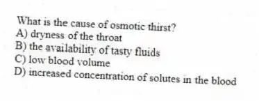 What is the cause of osmotic thirst?
A) dryness of the throat
B) the availability of tasty fluids
C) low blood volume
D) increased concentration of solutes in the blood