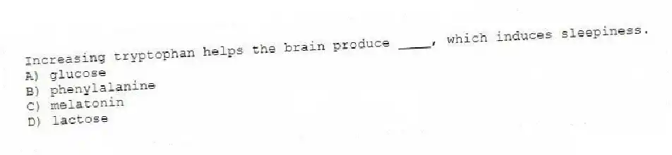 Increasing tryptophan helps the brain produce ____, which induces sleepiness.
A) glucose
B) phenylalanine
C) melatonin
D) lactose
