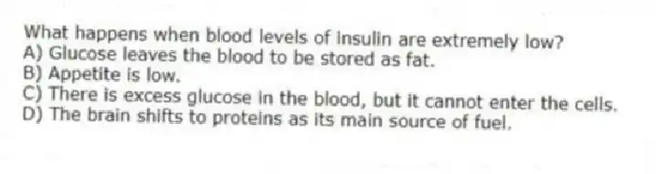 What happens when blood levels of insulin are extremely low?
A) Glucose leaves the blood to be stored as fat.
B) Appetite is low.
C) There is excess glucose in the blood, but it cannot enter the cells.
D) The brain shifts to proteins as its main source of fuel.