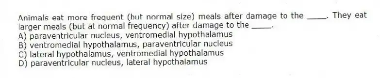 Animals eat more frequent (but normal size) meals after damage to the ____. They eat larger meals (but at normal frequency) after damage to the ____.
A) paraventricular nucleus, ventromedial hypothalamus
B) ventromedial hypothalamus, paraventricular nucleus
C) lateral hypothalamus, ventromedial hypothalamus
D) paraventricular nucleus, lateral hypothalamus