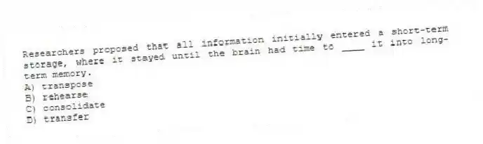 Researchers proposed that all information initially entered a short-term storage, where it stayed until the brain had time to ____ it into long-term memory.
A) transpose
B) rehearse
C) consolidate
D) transfer