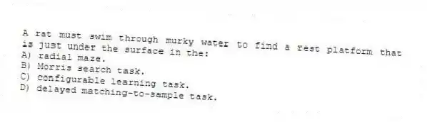 A rat must swim through murky water to find a rest platform that is just under the surface in the:
A) radial maze.
B) Morris search task.
C) configurable learning task.
D) delayed matching-to-sample task.