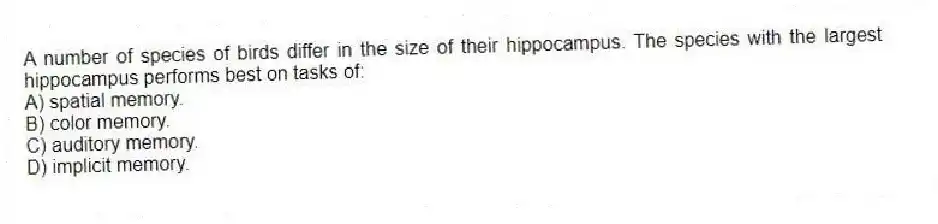 A number of species of birds differ in the size of their hippocampus. The species with the largest hippocampus performs best on tasks of:
A) spatial memory.
B) color memory.
C) auditory memory.
D) implicit memory.