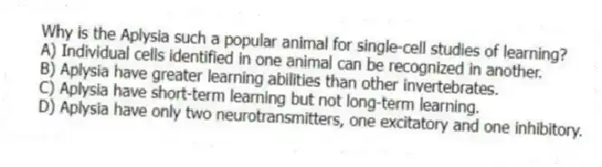 Why is the Aplysia such a popular animal for single-cell studies of learning?
A) Individual cells identified in one animal can be recognized in another.
B) Aplysia have greater learning abilities than other invertebrates.
C) Aplysia have short-term learning but not long-term learning.
D) Aplysia have only two neurotransmitters, one excitatory and one inhibitory.
