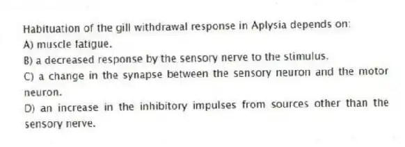 Habituation of the gill withdrawal response in Aplysia depends on:
A) muscle fatigue.
B) a decreased response by the sensory nerve to the stimulus.
C) a change in the synapse between the sensory neuron and the motor neuron.
D) an increase in the inhibitory impulses from sources other than the sensory nerve.