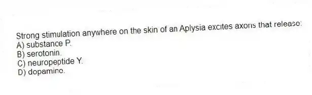 Strong stimulation anywhere on the skin of an Aplysia excites axons that release:
A) substance P.
B) serotonin.
C) neuropeptide Y.
D) dopamine.