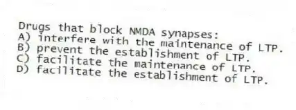 Drugs that block NMDA synapses:
A) interfere with the maintenance of LTP.
B) prevent the establishment of LTP.
C) facilitate the maintenance of LTP.
D) facilitate the establishment of LTP.