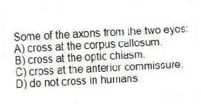 Some of the axons from the two eyes:
A) cross at the corpus callosum.
B) cross at the optic chiasm.
C) cross at the anterior commissure.
D) do not cross in humans.