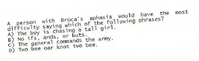 A person with Broca's aphasia would have the most difficulty saying which of the following phrases?
A) The boy is chasing a tall girl.
B) No ifs, ands, or buts.
C) The general commands the army.
D) Two bee oar knot two bee.