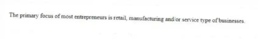 The primary focus of most entrepreneurs is retail, manufacturing and/or service type of businesses.