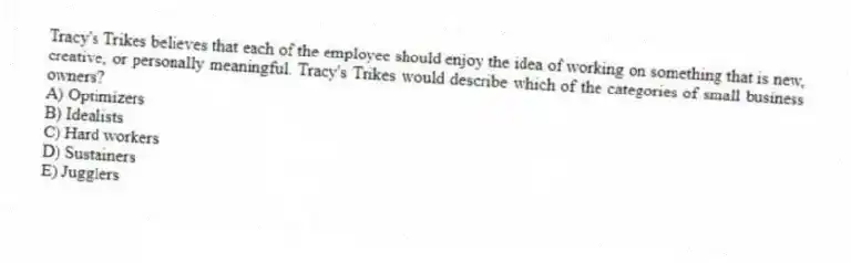 Tracy's Trikes believes that each of the employee should enjoy the idea of working on something that is new, creative, or personally meaningful. Tracy's Trikes would describe which of the categories of small business owners?
A) Optimizers
B) Idealists
C) Hard workers
D) Sustainers
E) Jugglers