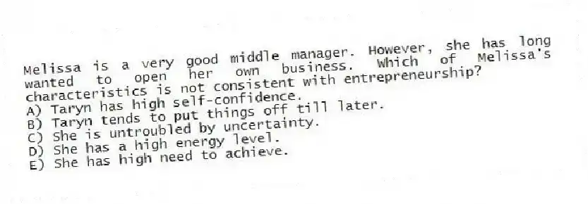 Melissa is a very good middle manager. However, she has long wanted to open her own business. Which of Melissa's characteristics is not consistent with entrepreneurship?
A) Taryn has high self-confidence.
B) Taryn tends to put things off till later.
C) She is untroubled by uncertainty.
D) She has a high energy level.
E) She has high need to achieve.