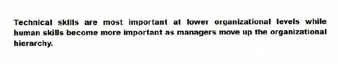 Technical skills are most important at lower organizational levels while human skills become more important as managers move up the organizational hierarchy.