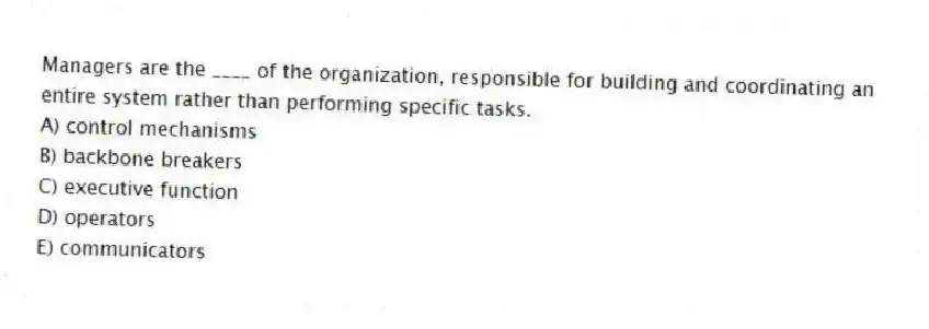 Managers are the ____ of the organization, responsible for building and coordinating an entire system rather than performing specific tasks.
A) control mechanisms
B) backbone breakers
C) executive function
D) operators
E) communicators