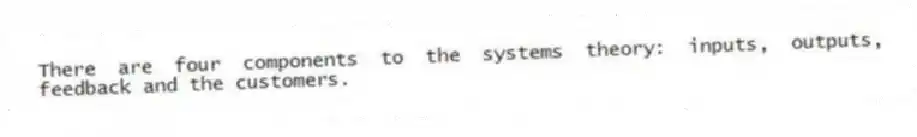 There are four components to the systems theory: inputs, outputs, feedback and the customers.