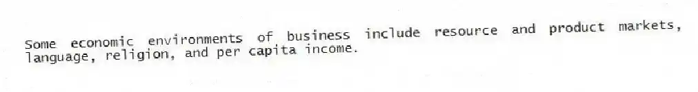 Some economic environments of business include resource and product markets, language, religion, and per capita income.