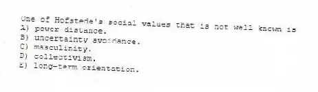 One of Hofstede's social values that is not well known is
A) power distance.
B) uncertainty avoidance.
C) masculinity.
D) collectivism.
E) long-term orientation.
