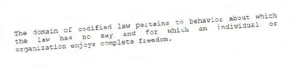 The domain of codified law pertains to behavior about which the law has no say and for which an individual or organization enjoys complete freedom.