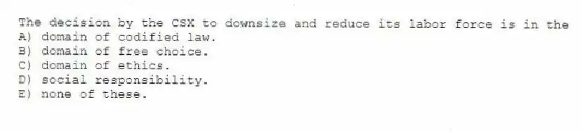 The decision by the CSX to downsize and reduce its labor force is in the
A) domain of codified law.
B) domain of free choice.
C) domain of ethics.
D) social responsibility.
E) none of these.