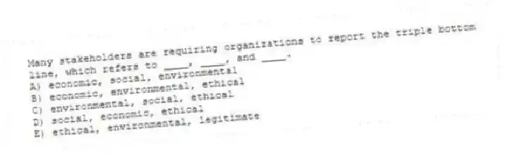 Many stakeholders are requiring organizations to report the triple bottom line, which refers to ____, ____, and ____.
A) economic, social, environmental
B) economic, environmental, ethical
C) environmental, social, ethical
D) social, economic, ethical
E) ethical, environmental, legitimate