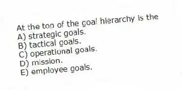 At the top of the goal hierarchy is the
A) strategic goals.
B) tactical goals.
C) operational goals.
D) mission.
E) employee goals.