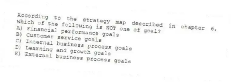 According to the strategy map described in chapter 6, which of the following is NOT one of goal?
A) Financial performance goals
B) Customer service goals
C) Internal business process goals
D) Learning and growth goals
E) External business process goals