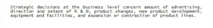 Strategic decisions at the business level concern amount of advertising, direction and extent of R & D, product changes, new product development, equipment and facilities, and expansion or contraction of product lines.