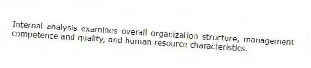 Internal analysis examines overall organization structure, management competence and quality, and human resource characteristics.