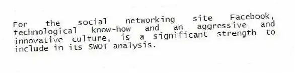 For the social networking site Facebook, technological know-how and an aggressive and innovative culture, is a significant strength to include in its SWOT analysis.