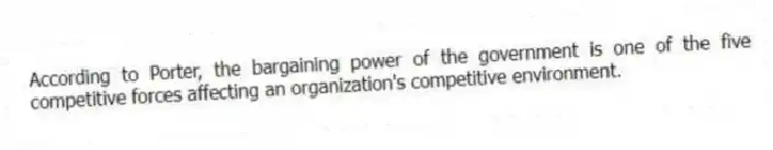 According to Porter, the bargaining power of the government is one of the five competitive forces affecting an organization's competitive environment.