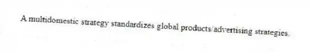 A multidomestic strategy standardizes global products/advertising strategies.