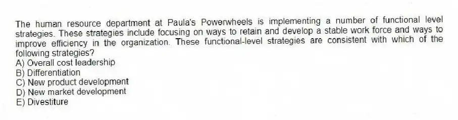 The human resource department at Paula's Powerwheels is implementing a number of functional level strategies. These strategies include focusing on ways to retain and develop a stable work force and ways to improve efficiency in the organization. These functional-level strategies are consistent with which of the following strategies?
A) Overall cost leadership
B) Differentiation
C) New product development
D) New market development
E) Divestiture