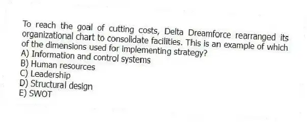 To reach the goal of cutting costs, Delta Dreamforce rearranged its organizational chart to consolidate facilities. This is an example of which of the dimensions used for implementing strategy?
A) Information and control systems
B) Human resources
C) Leadership
D) Structural design
E) SWOT