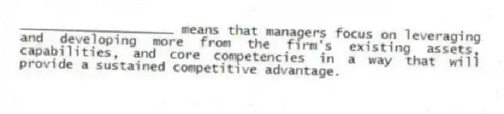 ____________________ means that managers focus on leveraging and developing more from the firm's existing assets, capabilities, and core competencies in a way that will provide a sustained competitive advantage.