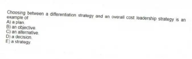Choosing between a differentiation strategy and an overall cost leadership strategy is an example of
A) a plan.
B) an objective.
C) an alternative.
D) a decision.
E) a strategy.