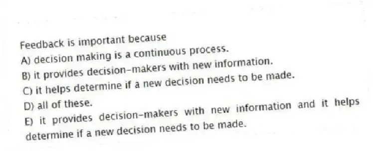 Feedback is important because
A) decision making is a continuous process.
B) it provides decision-makers with new information.
C) it helps determine if a new decision needs to be made.
D) all of these.
E) it provides decision-makers with new information and it helps determine if a new decision needs to be made.