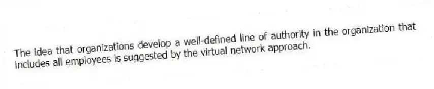 The idea that organizations develop a well-defined line of authority in the organization that includes all employees is suggested by the virtual network approach.