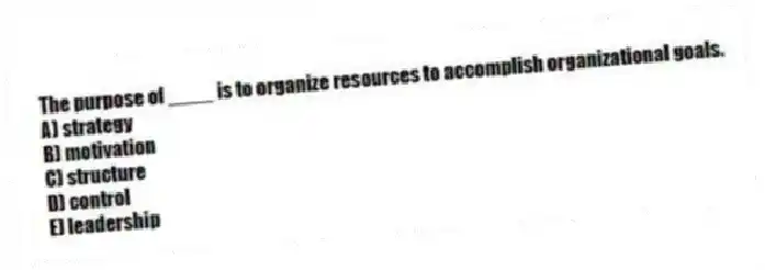 The purpose of ____ is to organize resources to accomplish organizational goals.
A) strategy
B) motivation
C) structure
D) control
E) leadership