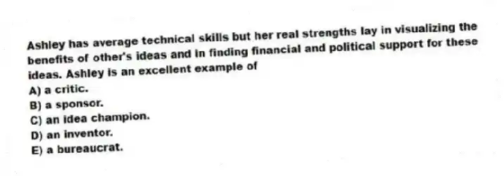 Ashley has average technical skills but her real strengths lay in visualizing the benefits of other's ideas and in finding financial and political support for these ideas. Ashley is an excellent example of
A) a critic.
B) a sponsor.
C) an idea champion.
D) an inventor.
E) a bureaucrat.