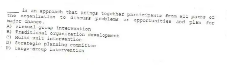 ____ is an approach that brings together participants from all parts of the organization to discuss problems or opportunities and plan for major change.
A) virtual-group intervention
B) Traditional organization development
C) Multi-unit intervention
D) Strategic planning committee
E) Large-group intervention