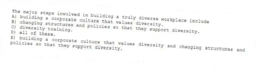 The major steps involved in building a truly diverse workplace include
A) building a corporate culture that values diversity.
B) changing structures and policies so that they support diversity.
C) diversity training.
D) all of these.
E) building a corporate culture that values diversity and changing structures and policies so that they support diversity.