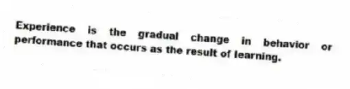 Experience is the gradual change in behavior or performance that occurs as the result of learning.