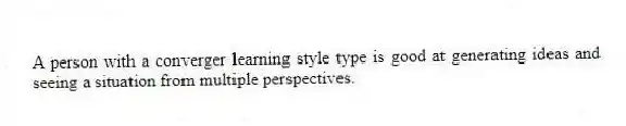 A person with a converger learning style type is good at generating ideas and seeing a situation from multiple perspectives.