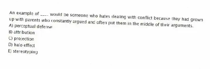 An example of ____ would be someone who hates dealing with conflict because they had grown up with parents who constantly argued and often put them in the middle of their arguments.
A) perceptual defense
B) attribution
C) projection
D) halo effect
E) stereotyping