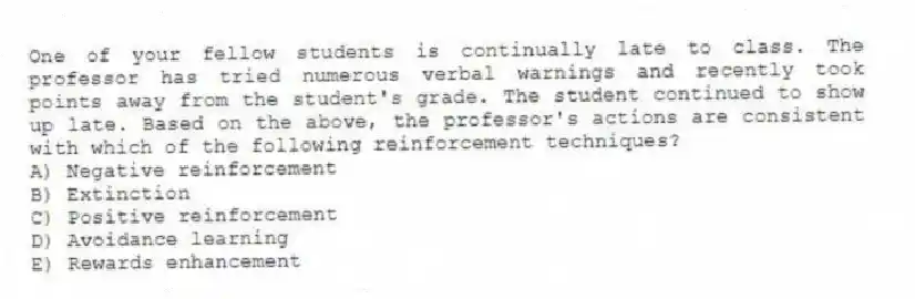One of your fellow students is continually late to class. The professor has tried numerous verbal warnings and recently took points away from the student's grade. The student continued to show up late. Based on the above, the professor's actions are consistent with which of the following reinforcement techniques?
A) Negative reinforcement
B) Extinction
C) Positive reinforcement
D) Avoidance learning
E) Rewards enhancement